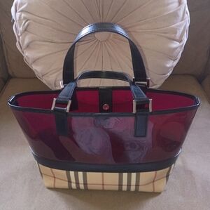 Authentic Burberry Navy and Burgundy Transparent Tote Bag with House Check Base